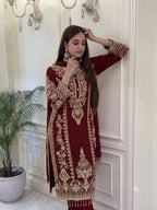Premium Heavy Faux Georgette Embroidered Plazzo Suit for Women with Intricate Sequin Work, Full Sleeve Top, Lace Border Bottom & Designer Dupatta