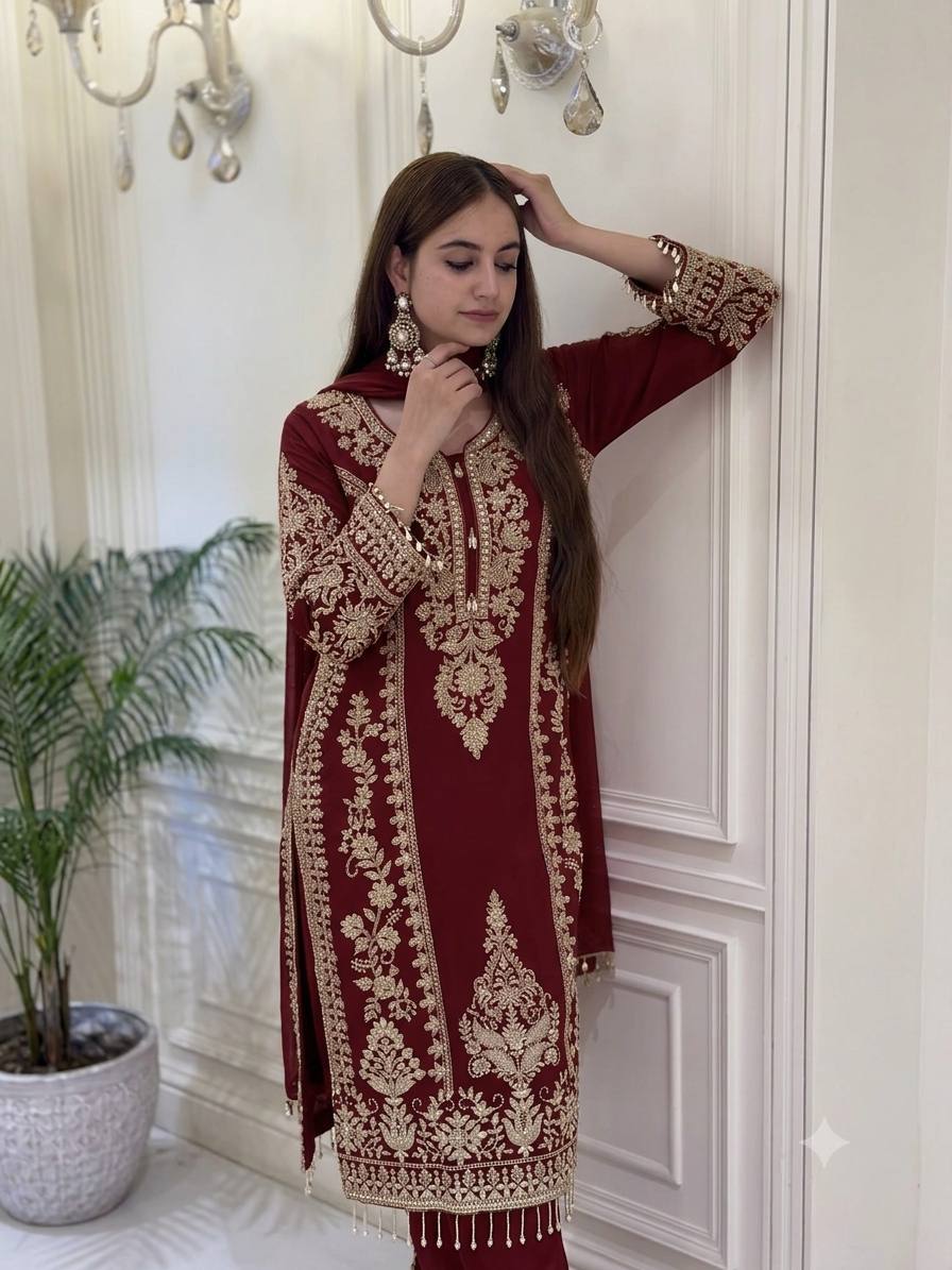 Premium Heavy Faux Georgette Embroidered Plazzo Suit for Women with Intricate Sequin Work, Full Sleeve Top, Lace Border Bottom & Designer Dupatta