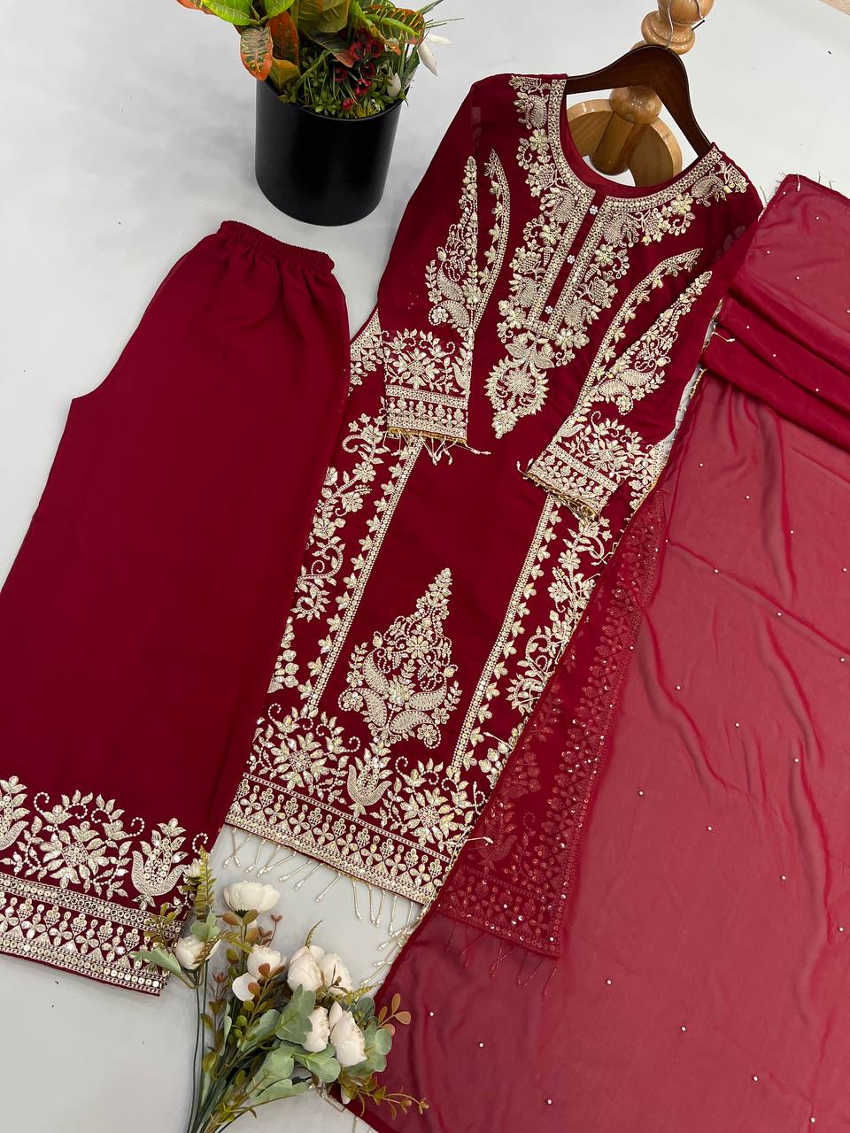 Premium Heavy Faux Georgette Embroidered Plazzo Suit for Women with Intricate Sequin Work, Full Sleeve Top, Lace Border Bottom & Designer Dupatta