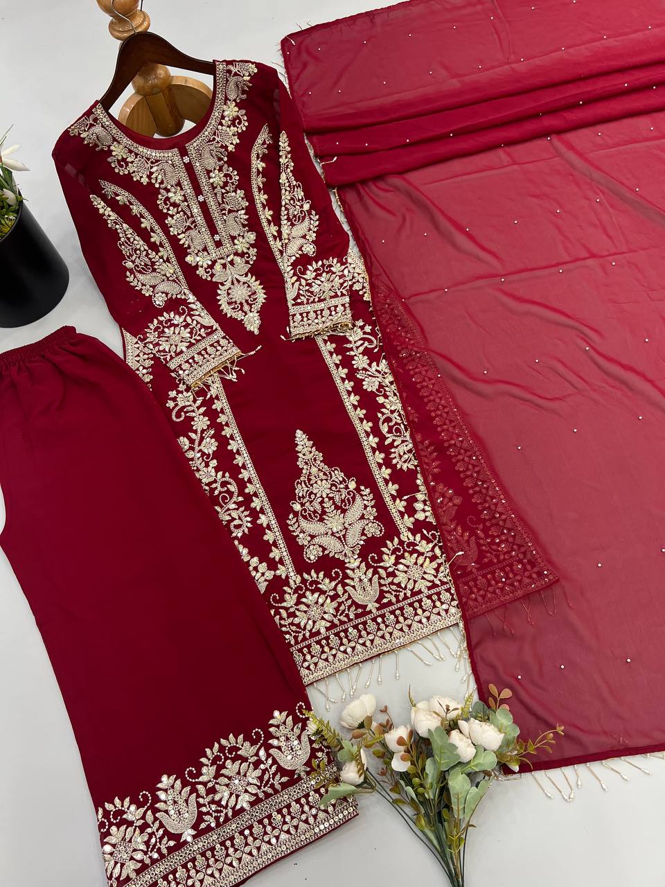 Premium Heavy Faux Georgette Embroidered Plazzo Suit for Women with Intricate Sequin Work, Full Sleeve Top, Lace Border Bottom & Designer Dupatta