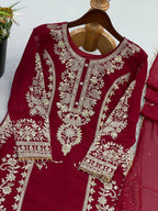 Premium Heavy Faux Georgette Embroidered Plazzo Suit for Women with Intricate Sequin Work, Full Sleeve Top, Lace Border Bottom & Designer Dupatta