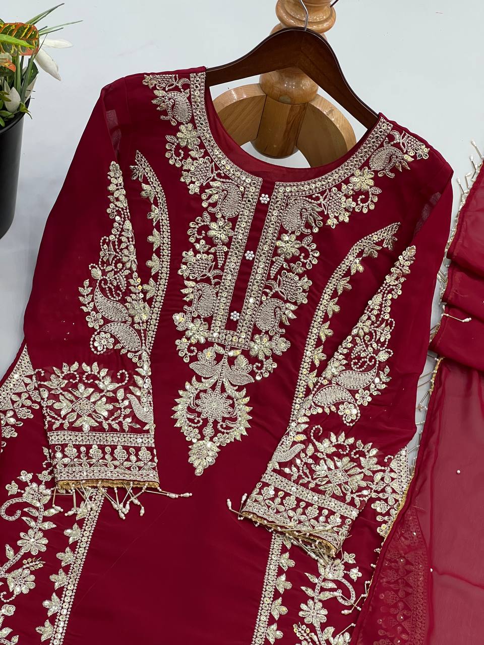Premium Heavy Faux Georgette Embroidered Plazzo Suit for Women with Intricate Sequin Work, Full Sleeve Top, Lace Border Bottom & Designer Dupatta