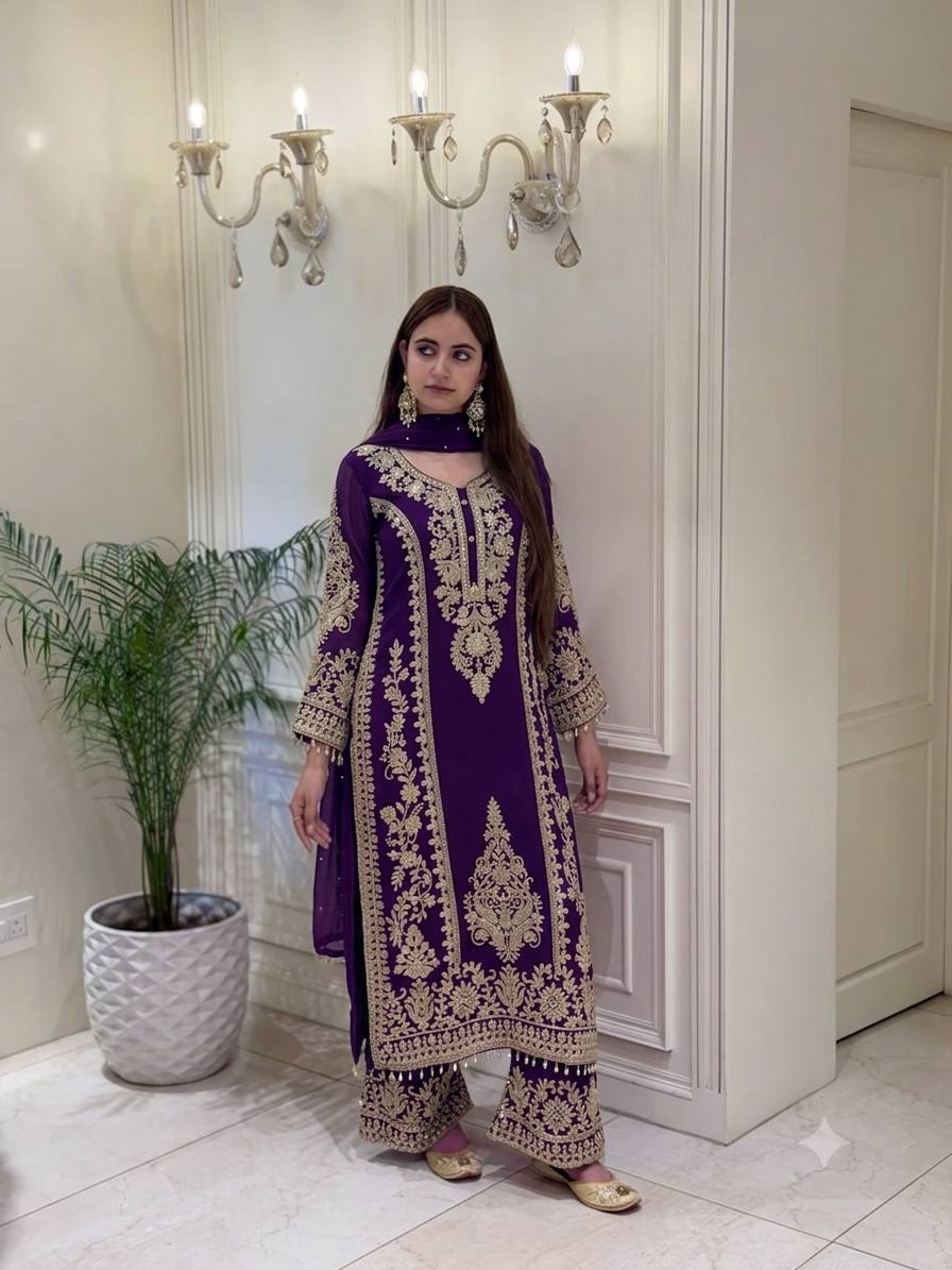 Premium Heavy Faux Georgette Embroidered Plazzo Suit for Women with Intricate Sequin Work, Full Sleeve Top, Lace Border Bottom & Designer Dupatta