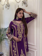 Premium Heavy Faux Georgette Embroidered Plazzo Suit for Women with Intricate Sequin Work, Full Sleeve Top, Lace Border Bottom & Designer Dupatta