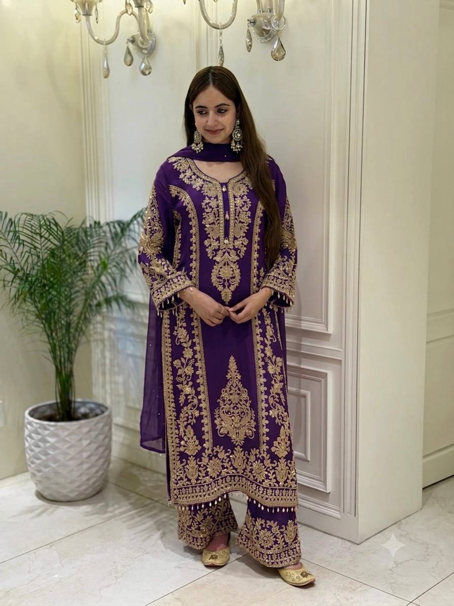 Premium Heavy Faux Georgette Embroidered Plazzo Suit for Women with Intricate Sequin Work, Full Sleeve Top, Lace Border Bottom & Designer Dupatta