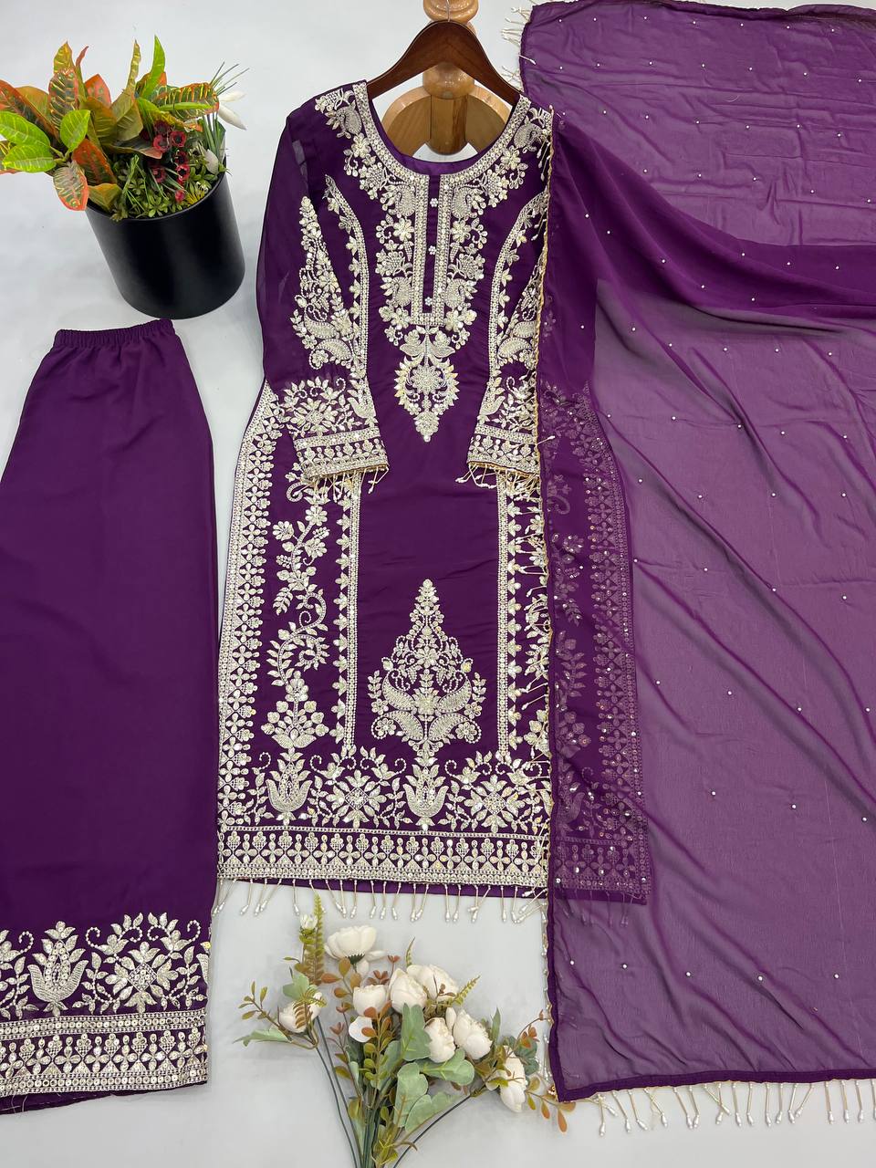 Premium Heavy Faux Georgette Embroidered Plazzo Suit for Women with Intricate Sequin Work, Full Sleeve Top, Lace Border Bottom & Designer Dupatta