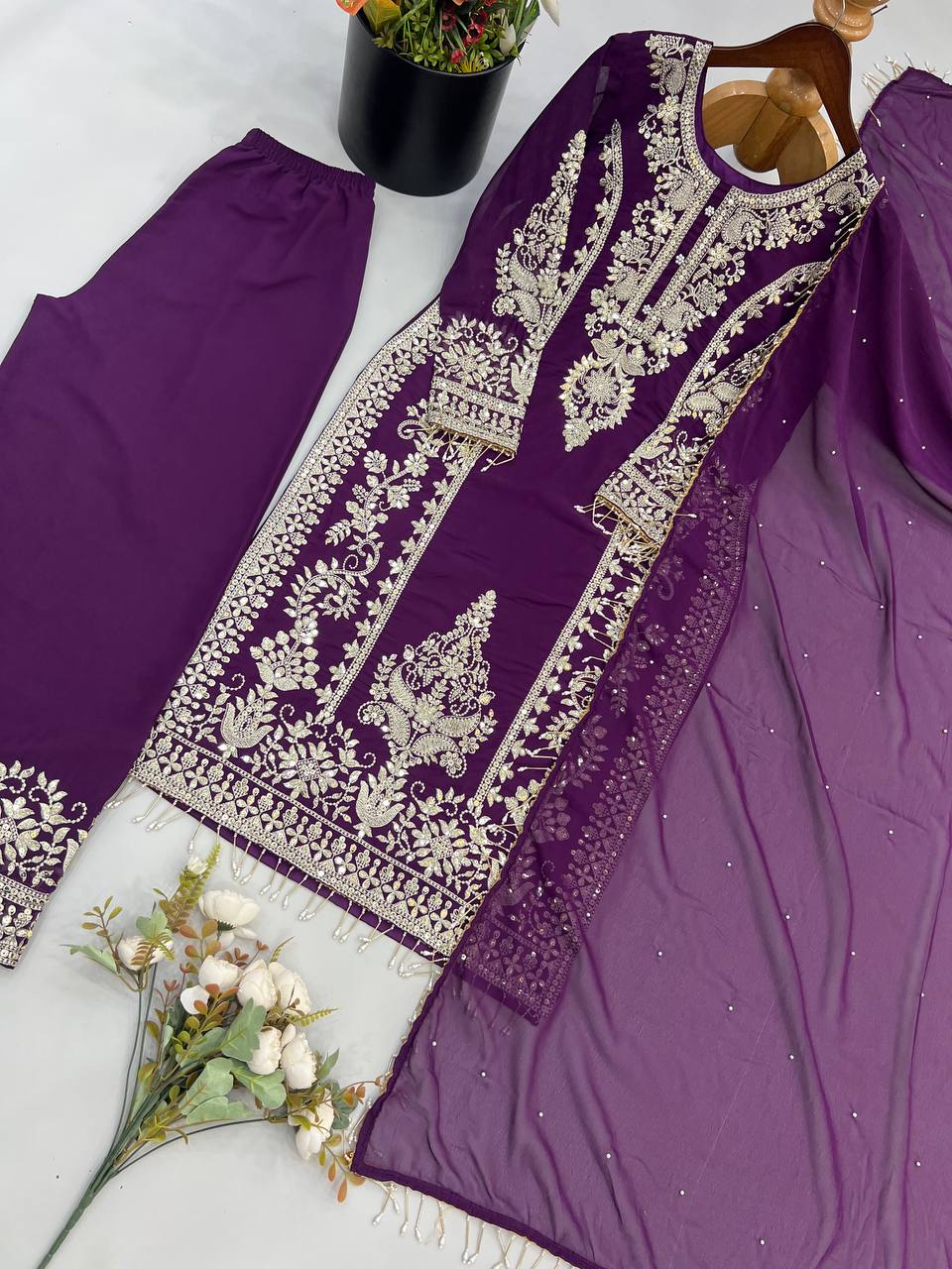 Premium Heavy Faux Georgette Embroidered Plazzo Suit for Women with Intricate Sequin Work, Full Sleeve Top, Lace Border Bottom & Designer Dupatta