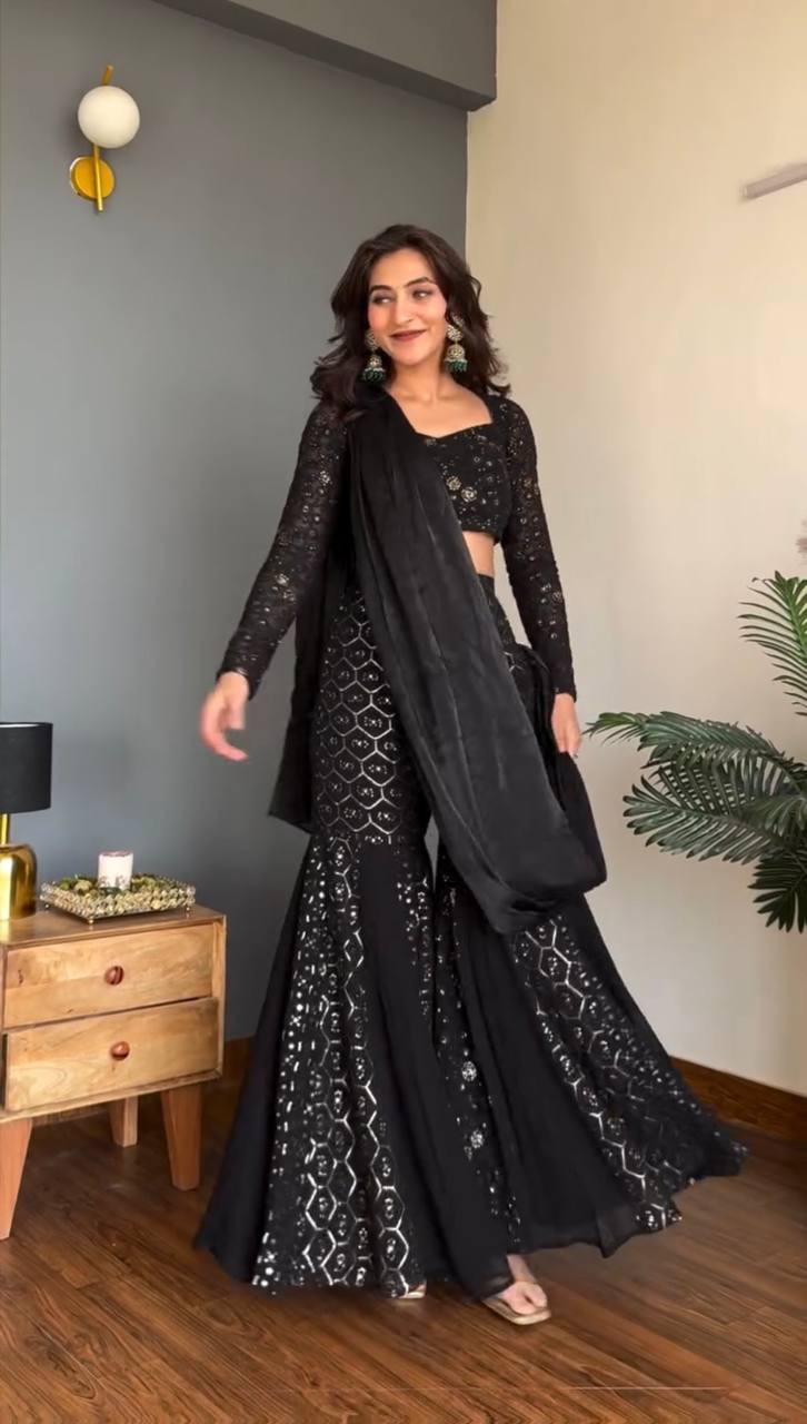 Aureza Designer Georgette Thread & Sequins Embroidered Choli, Sharara Set with Dupatta