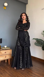Aureza Designer Georgette Thread & Sequins Embroidered Choli, Sharara Set with Dupatta