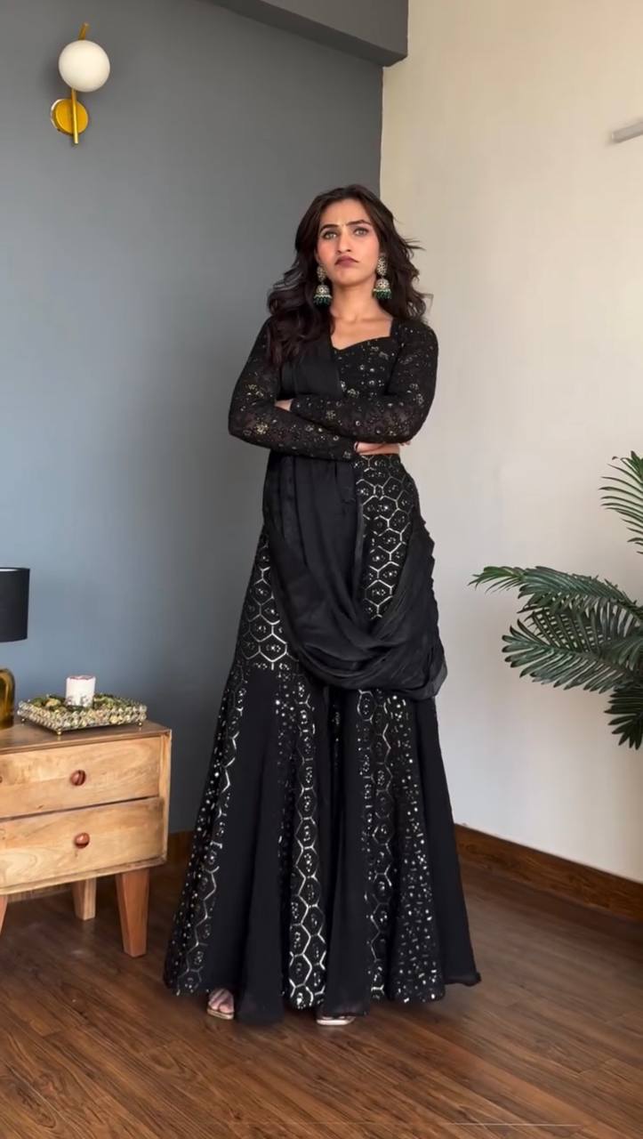 Aureza Designer Georgette Thread & Sequins Embroidered Choli, Sharara Set with Dupatta