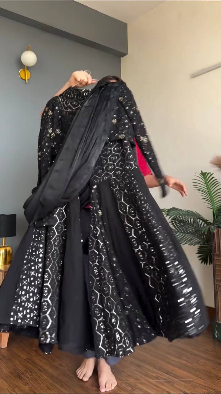 Zarevia Designer Faux Georgette Thread & Sequins Embroidered Choli Sharara Set with Matching Dupatta