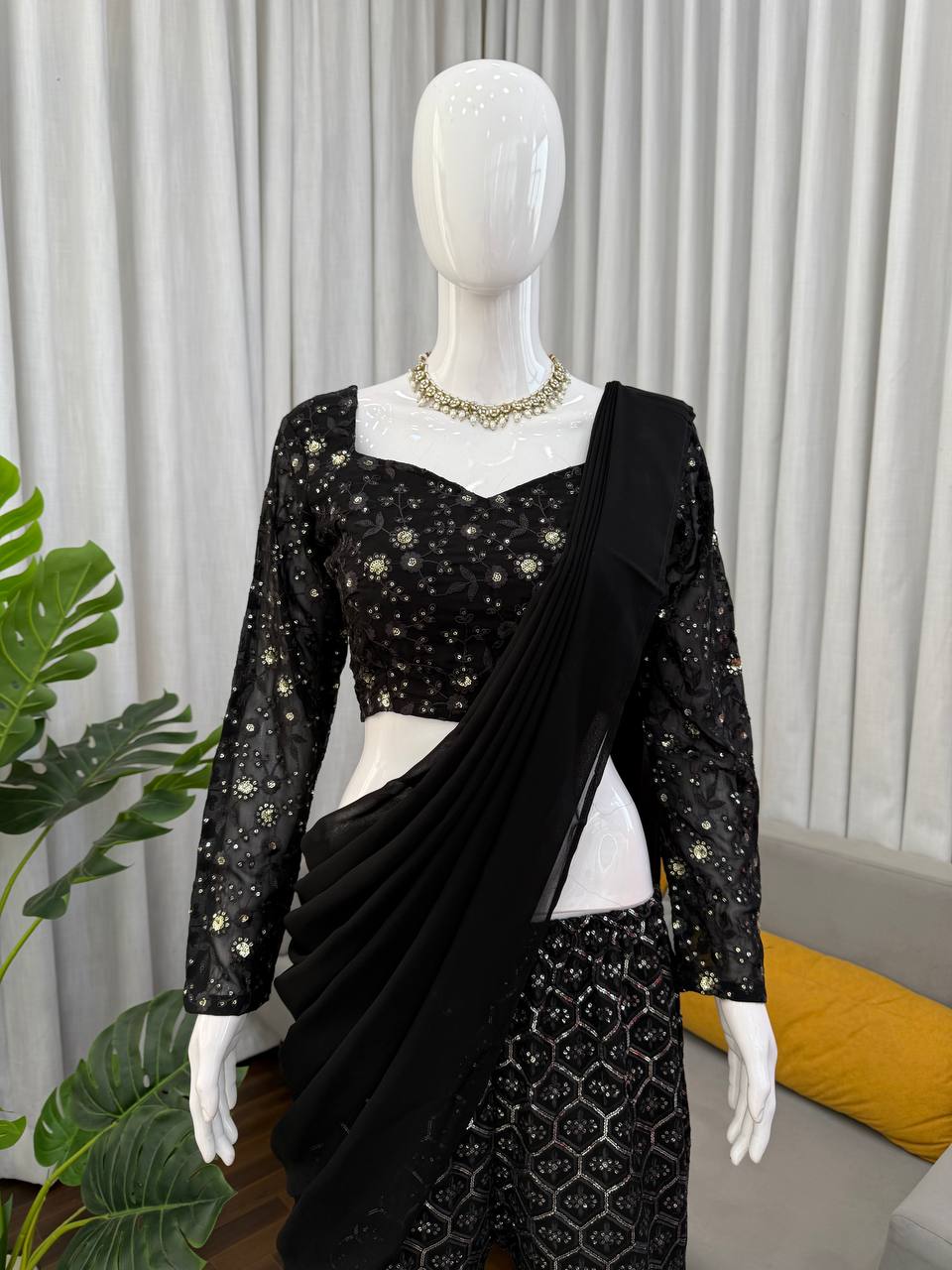 Aureza Designer Georgette Thread & Sequins Embroidered Choli, Sharara Set with Dupatta