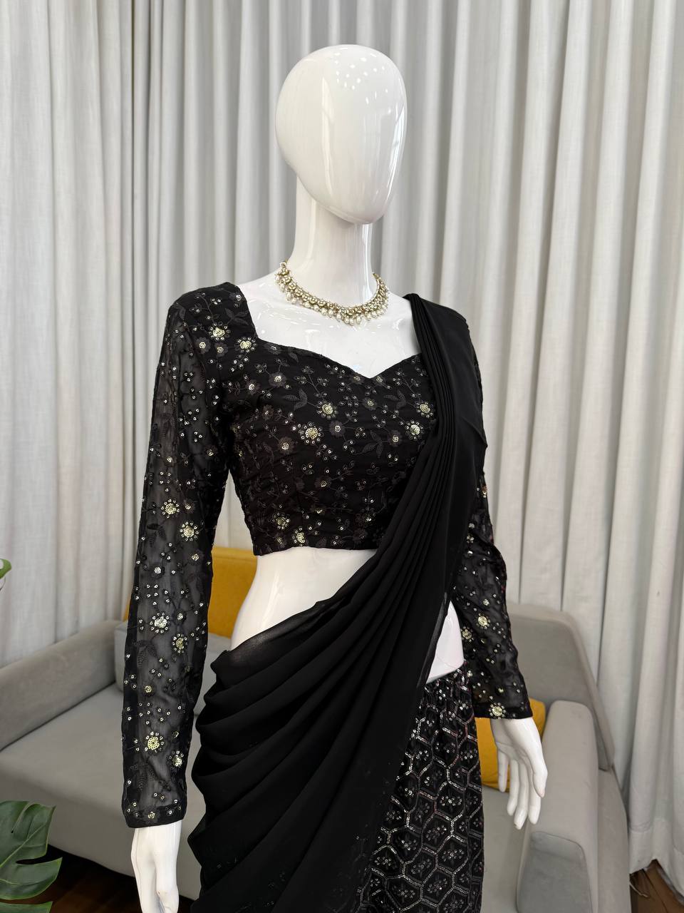 Zarevia Designer Faux Georgette Thread & Sequins Embroidered Choli Sharara Set with Matching Dupatta
