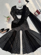 Aureza Designer Georgette Thread & Sequins Embroidered Choli, Sharara Set with Dupatta