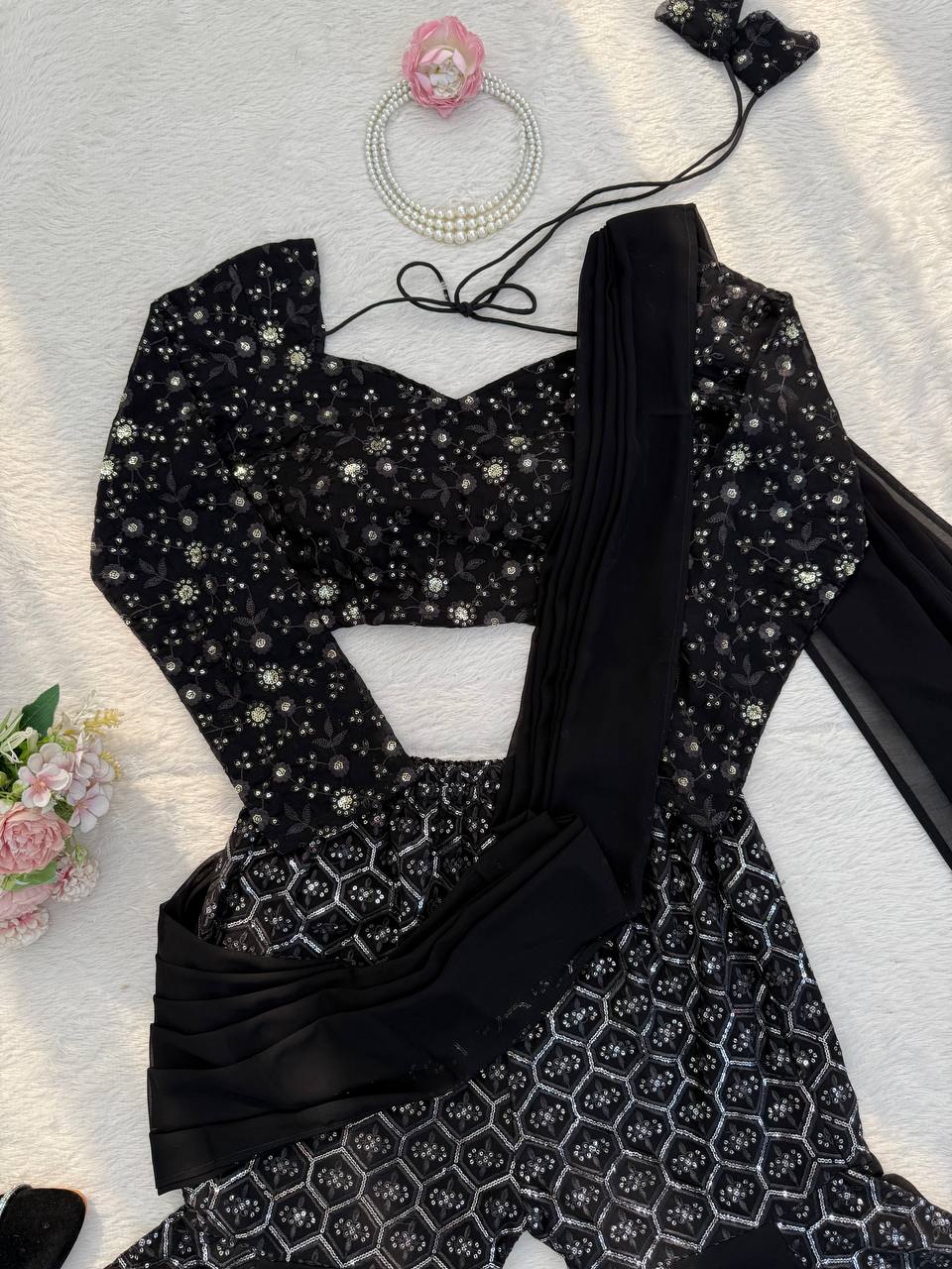 Aureza Designer Georgette Thread & Sequins Embroidered Choli, Sharara Set with Dupatta