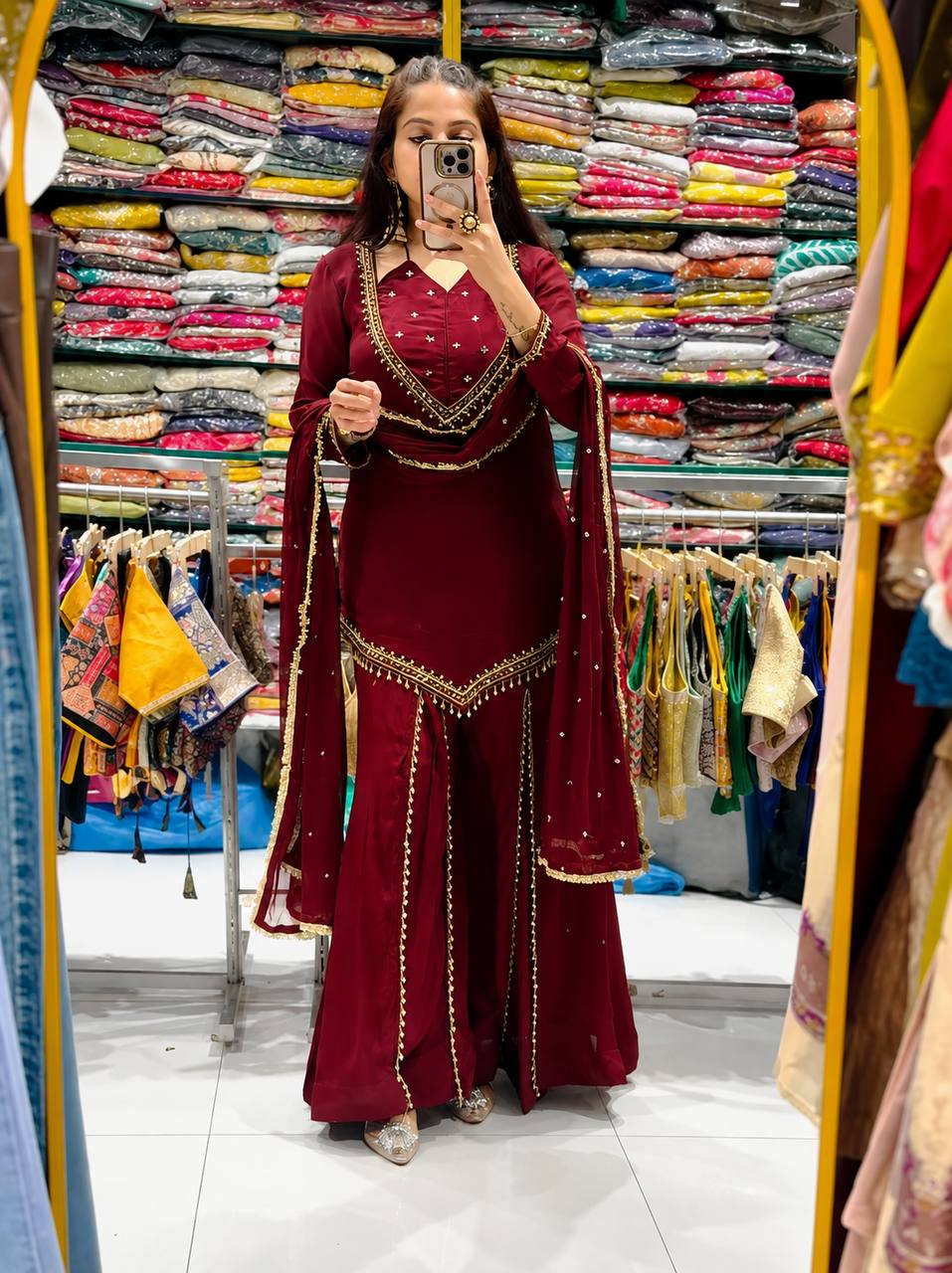 Zarelle Noor Designer Heavy Roman Glass Mirror Work Palazzo Suit Set with Chanderi Silk Moti Dupatta