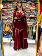 Zarelle Noor Designer Heavy Roman Glass Mirror Work Palazzo Suit Set with Chanderi Silk Moti Dupatta