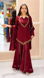 Zarelle Noor Designer Heavy Roman Glass Mirror Work Palazzo Suit Set with Chanderi Silk Moti Dupatta