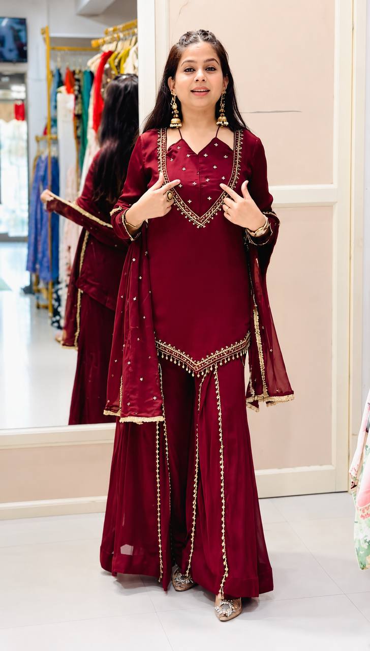 Zarelle Noor Designer Heavy Roman Glass Mirror Work Palazzo Suit Set with Chanderi Silk Moti Dupatta