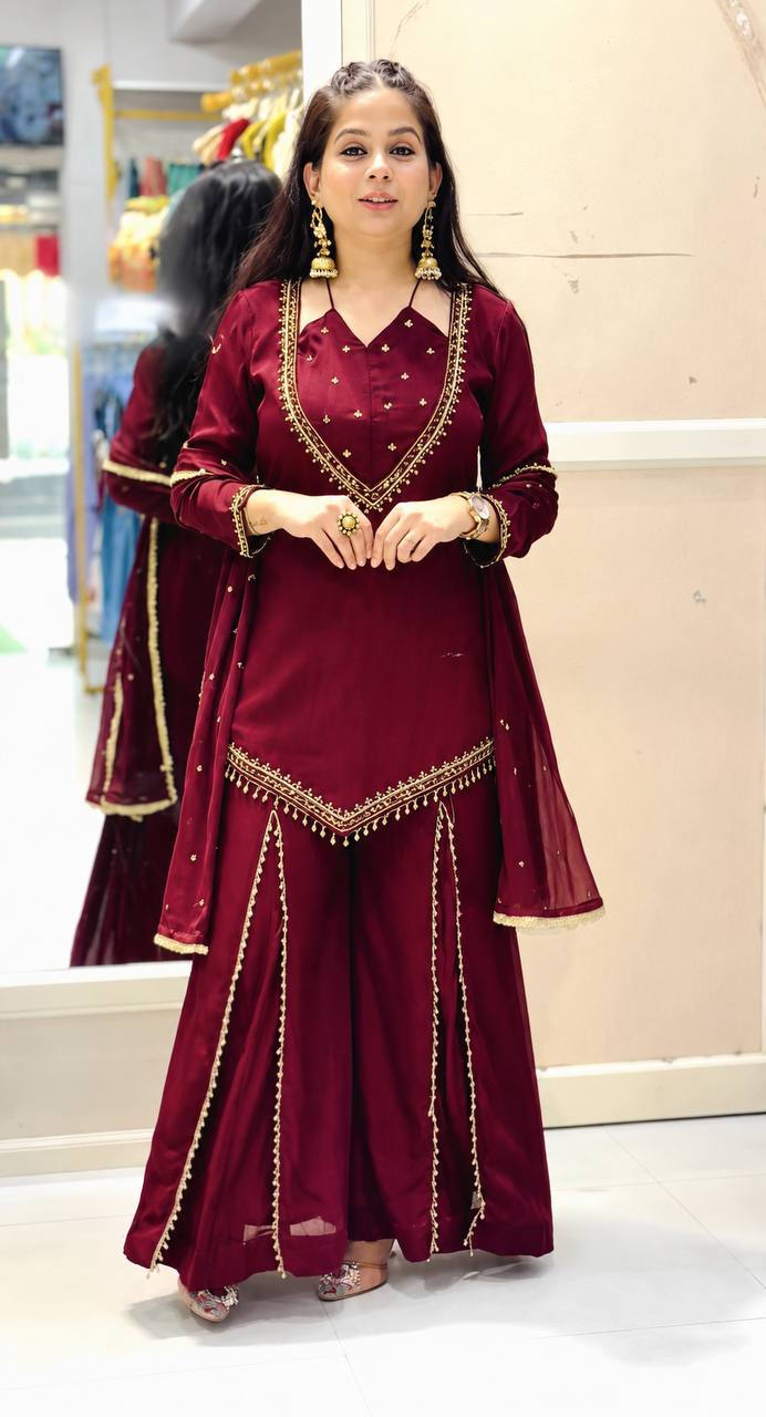Zarelle Noor Designer Heavy Roman Glass Mirror Work Palazzo Suit Set with Chanderi Silk Moti Dupatta