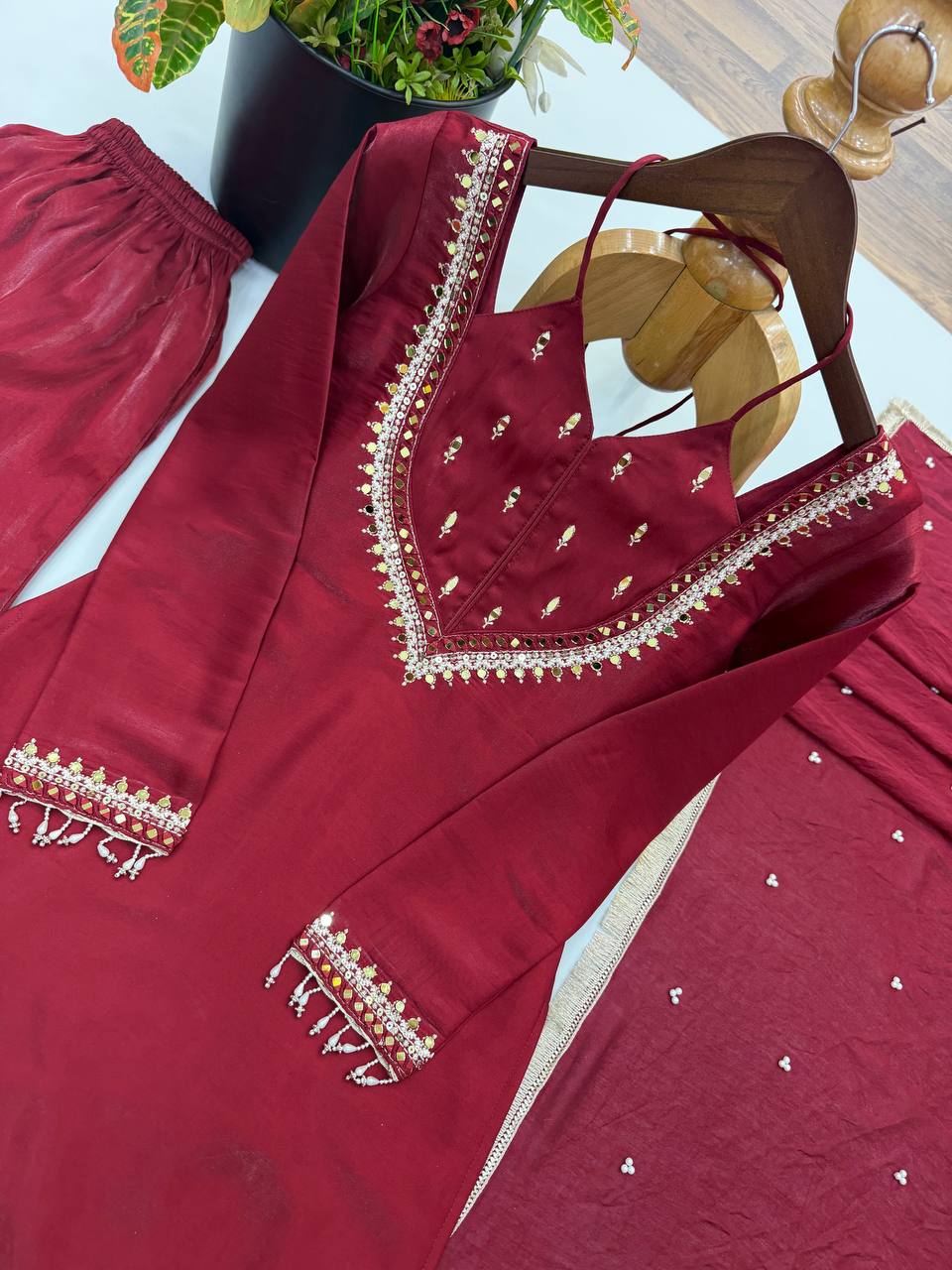 Zarelle Noor Designer Heavy Roman Glass Mirror Work Palazzo Suit Set with Chanderi Silk Moti Dupatta