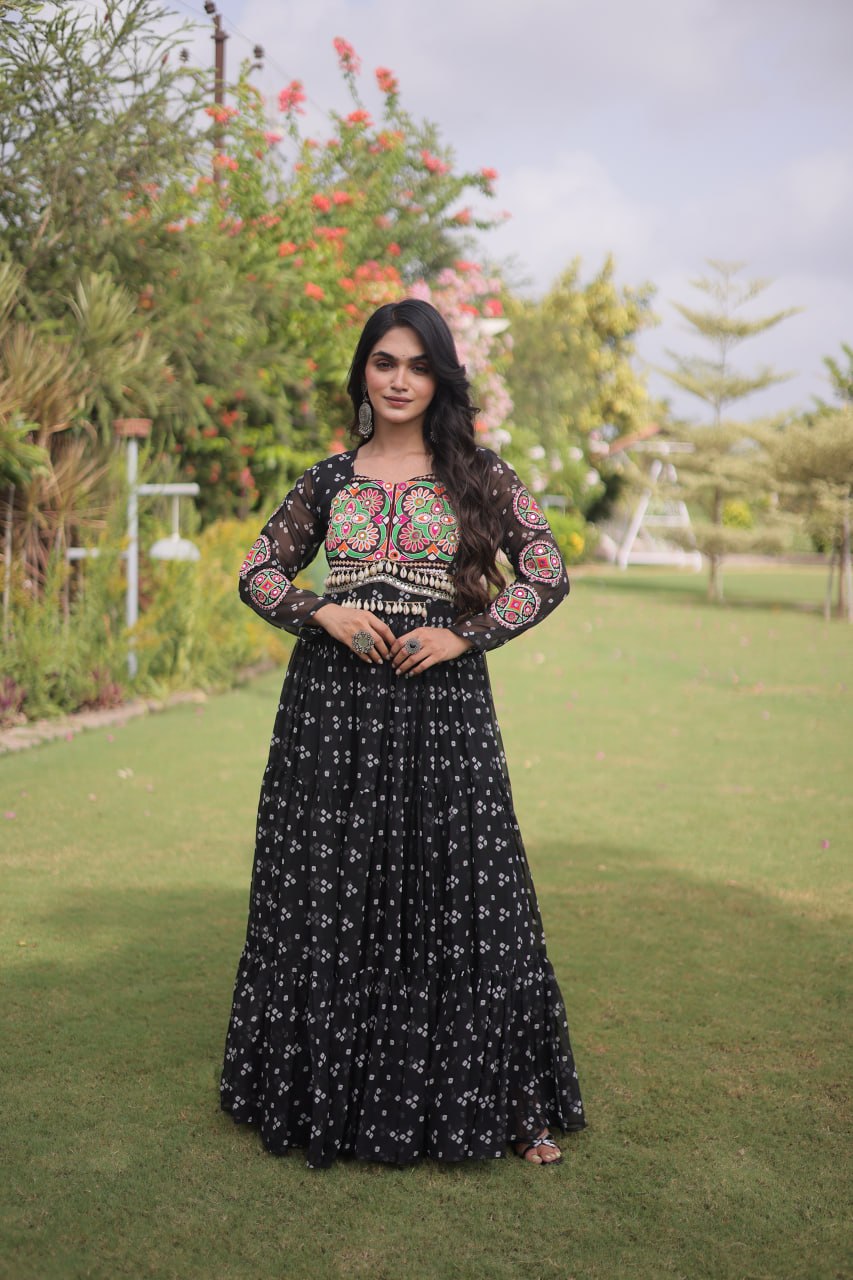 Aaradhya Georgette Bandhani Gown with Kutchi Patchwork
