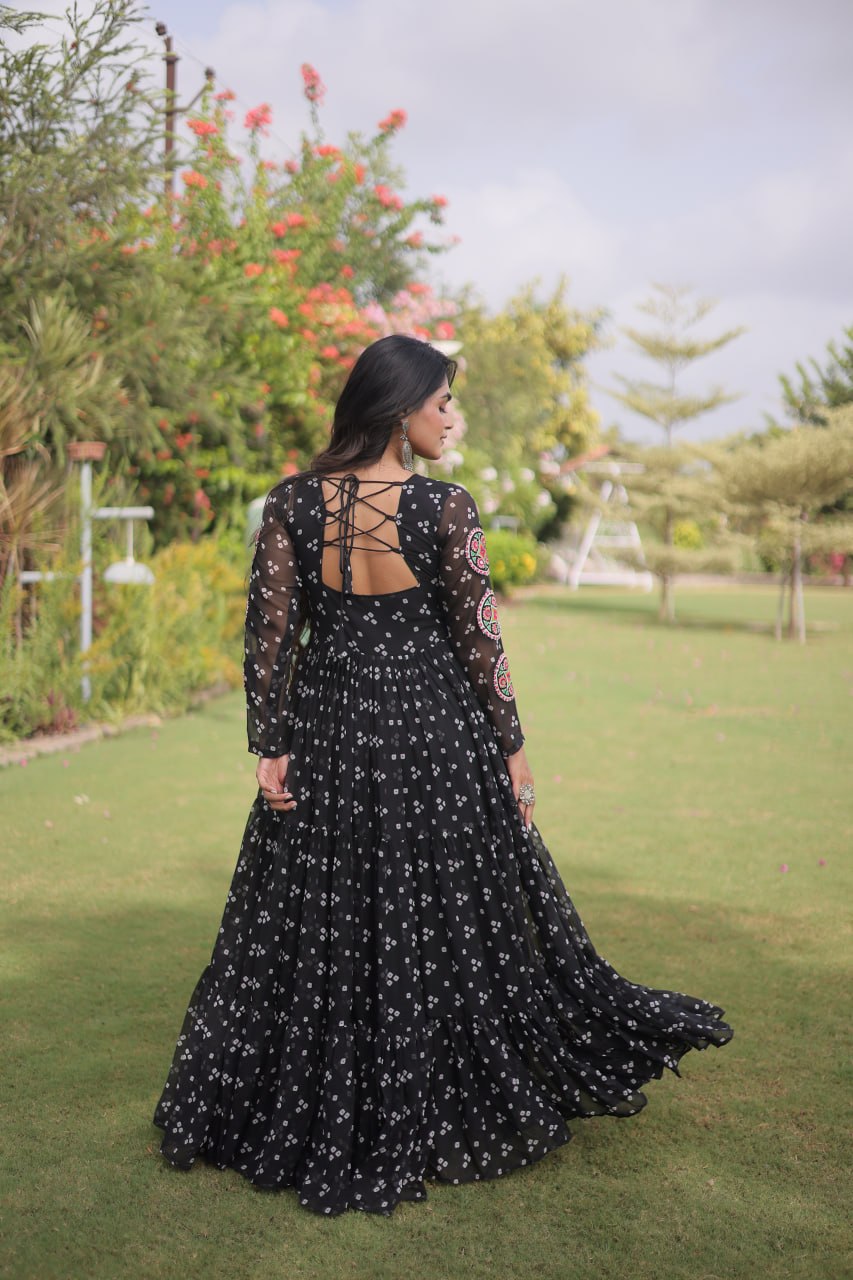 Aaradhya Georgette Bandhani Gown with Kutchi Patchwork
