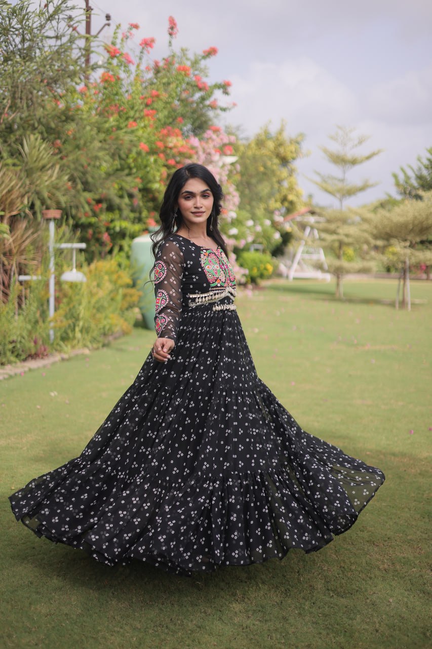 Aaradhya Georgette Bandhani Gown with Kutchi Patchwork