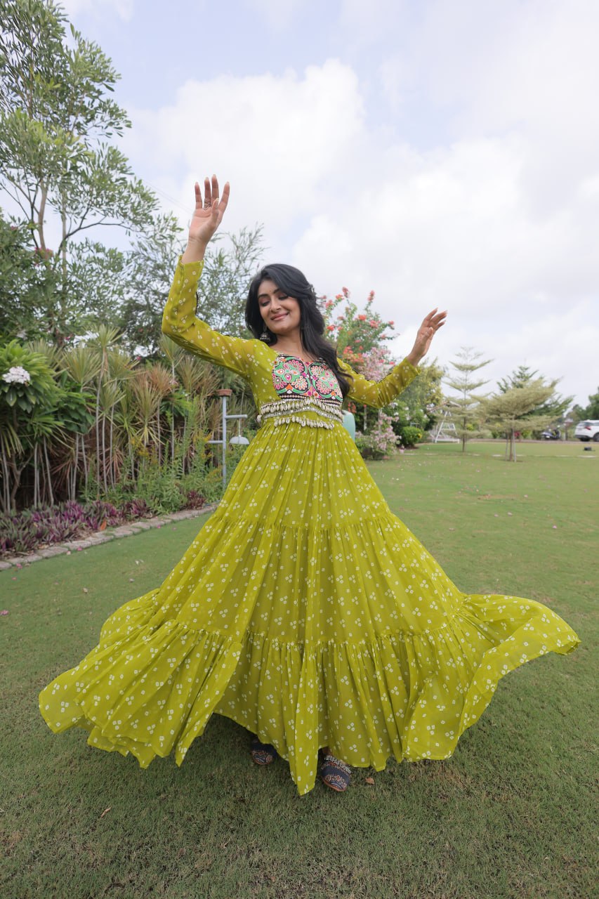 Aaradhya Georgette Bandhani Gown with Kutchi Patchwork