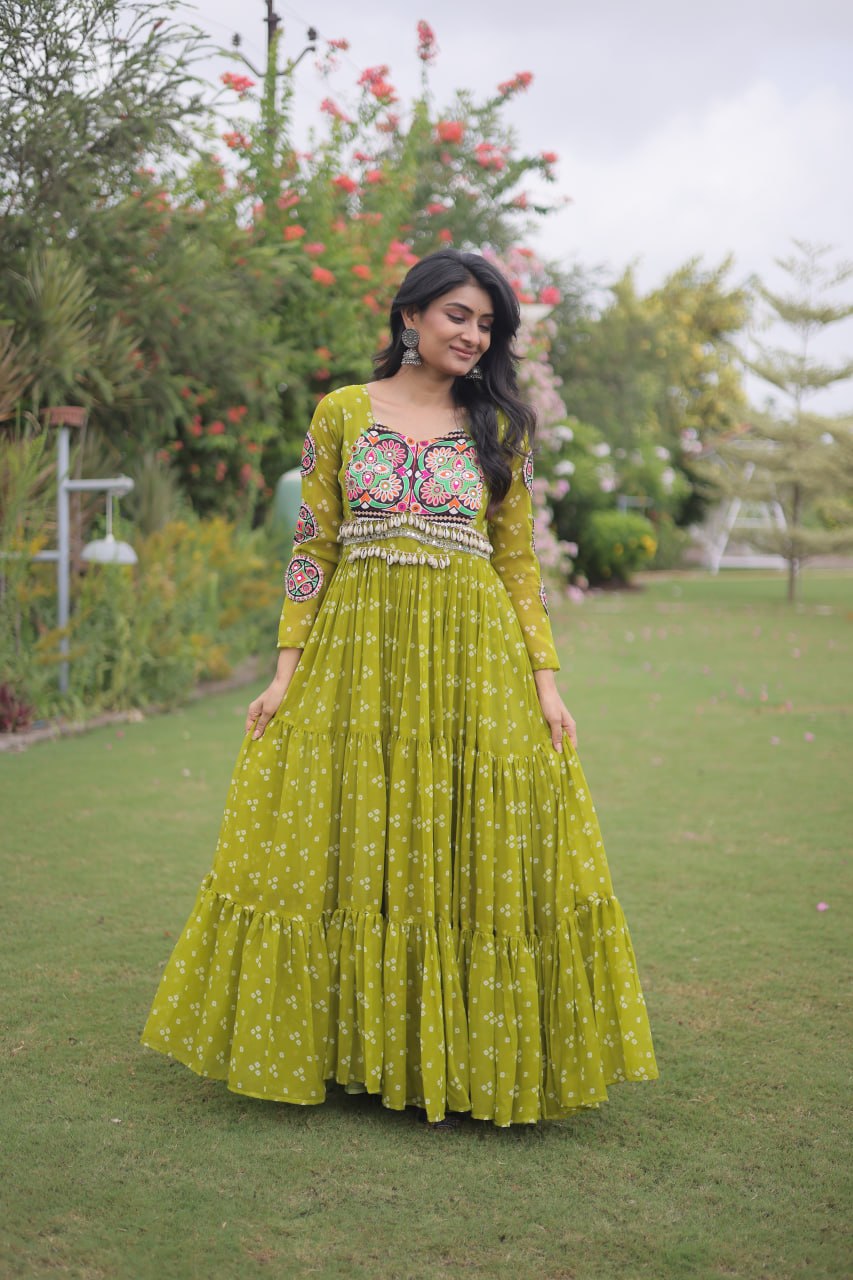 Aaradhya Georgette Bandhani Gown with Kutchi Patchwork