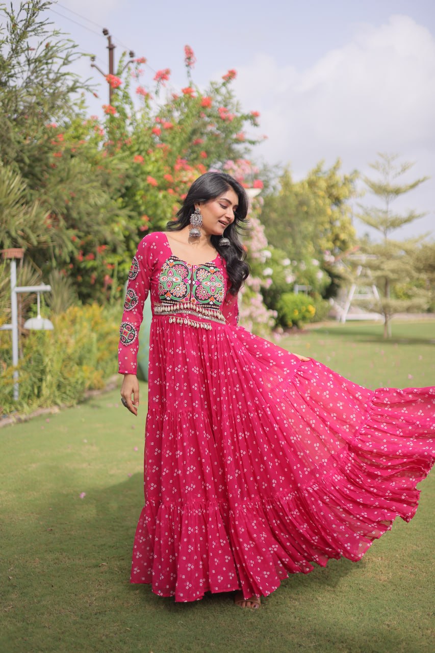 Aaradhya Georgette Bandhani Gown with Kutchi Patchwork