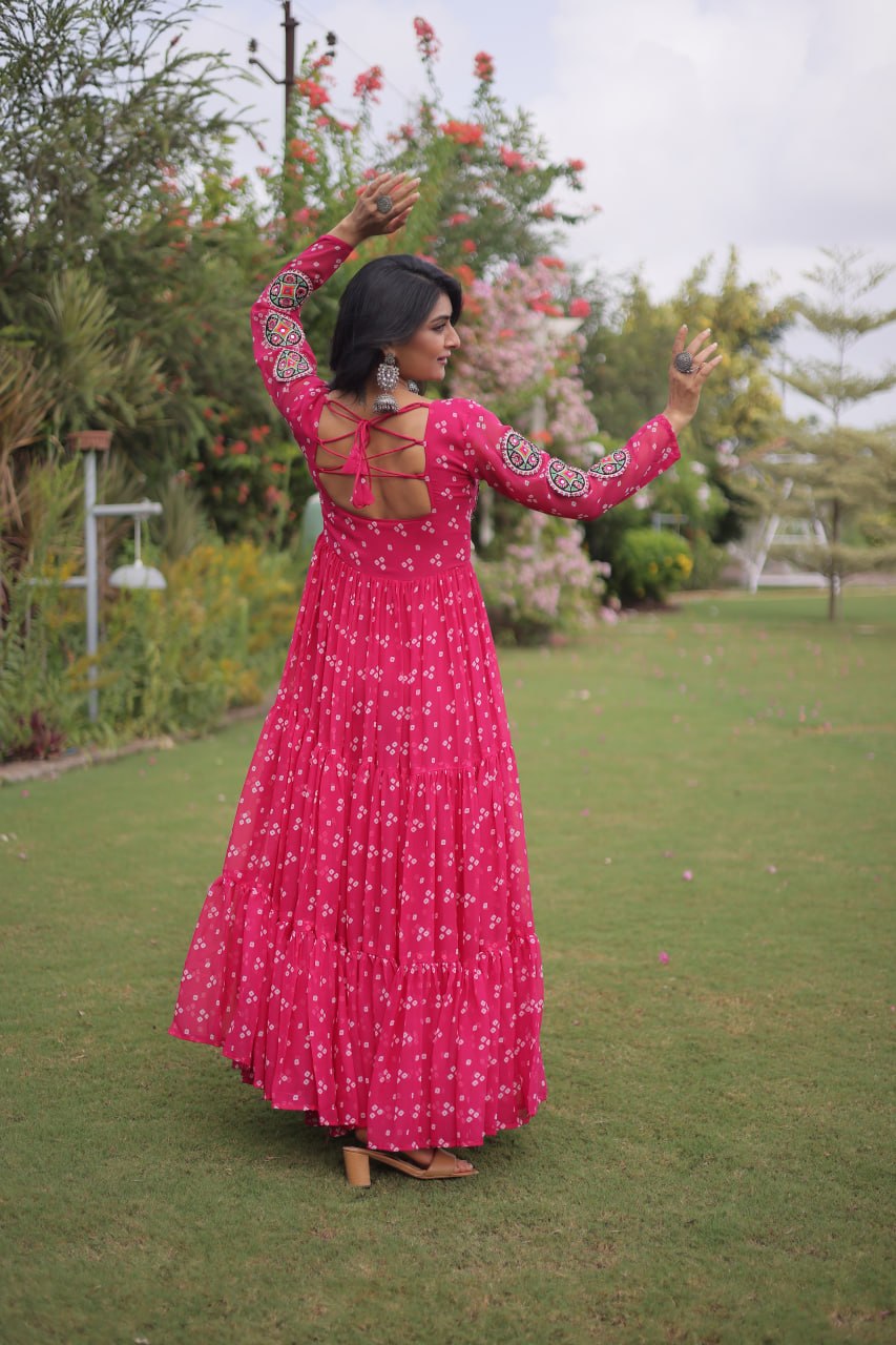 Aaradhya Georgette Bandhani Gown with Kutchi Patchwork