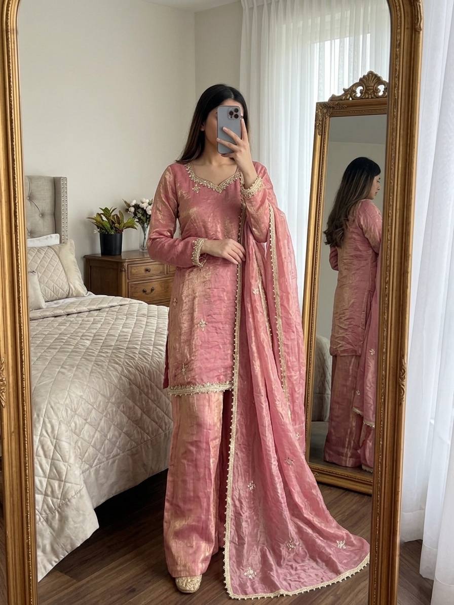Zariya Premium Fendy Silk Embroidered Sharara Plazzo Set with Real Mirror & Sequin Work, Full Sleeve Festive Ethnic Wear for Women
