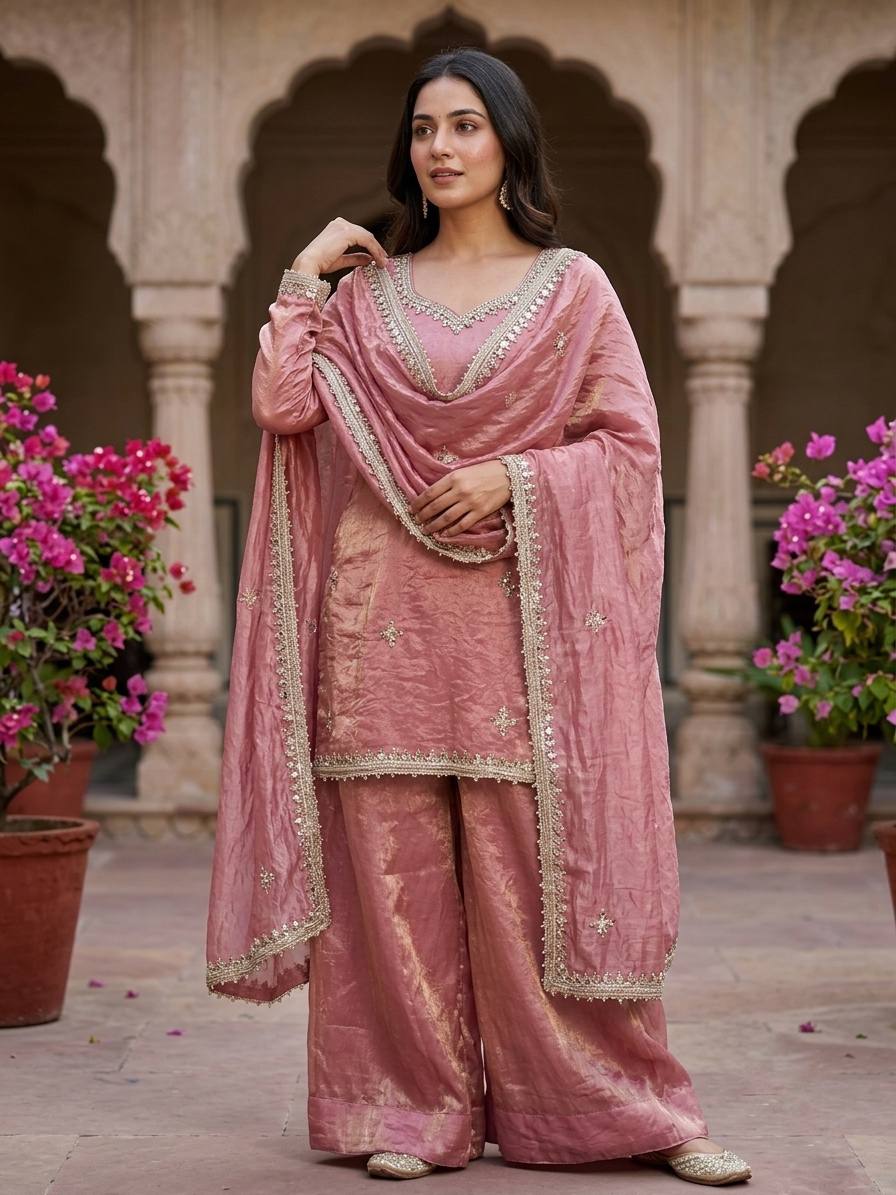 Zariya Premium Fendy Silk Embroidered Sharara Plazzo Set with Real Mirror & Sequin Work, Full Sleeve Festive Ethnic Wear for Women