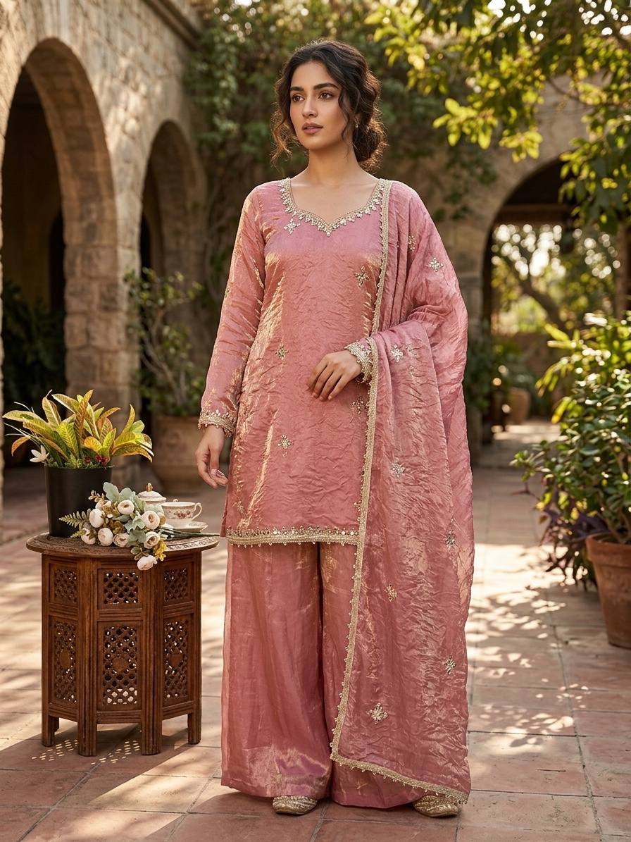 Zariya Premium Fendy Silk Embroidered Sharara Plazzo Set with Real Mirror & Sequin Work, Full Sleeve Festive Ethnic Wear for Women