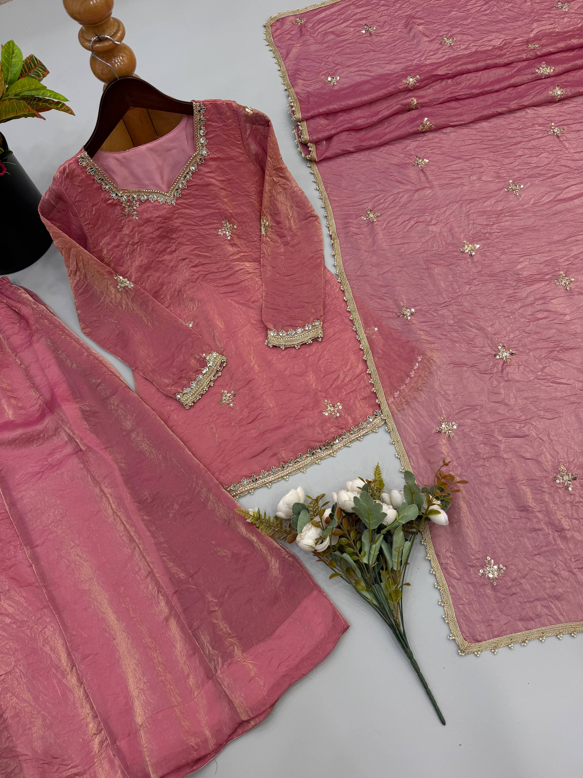 Zariya Premium Fendy Silk Embroidered Sharara Plazzo Set with Real Mirror & Sequin Work, Full Sleeve Festive Ethnic Wear for Women