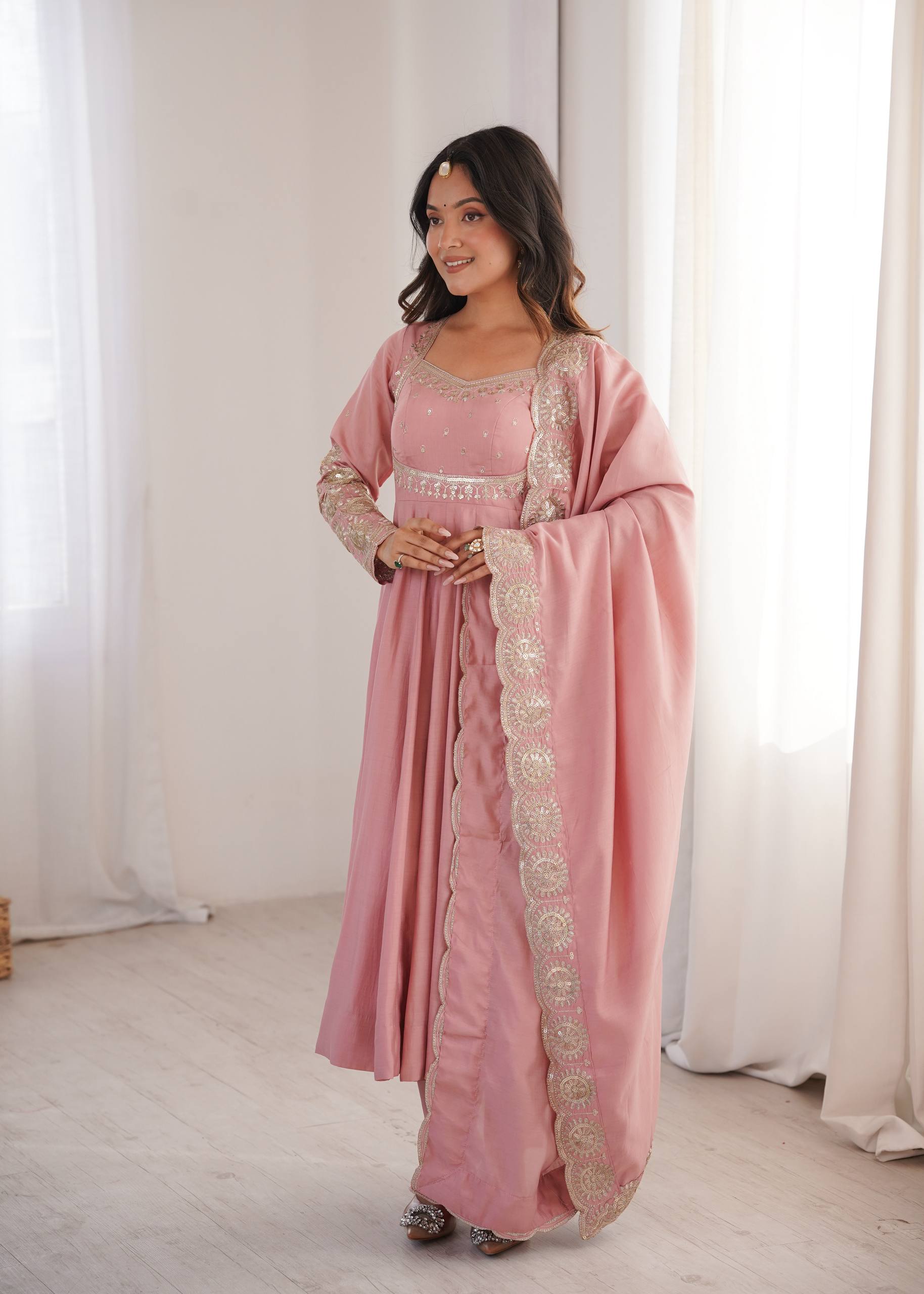 Ridhanya Roman Silk Elegant Embroidered Gown with Chanderi Dupatta