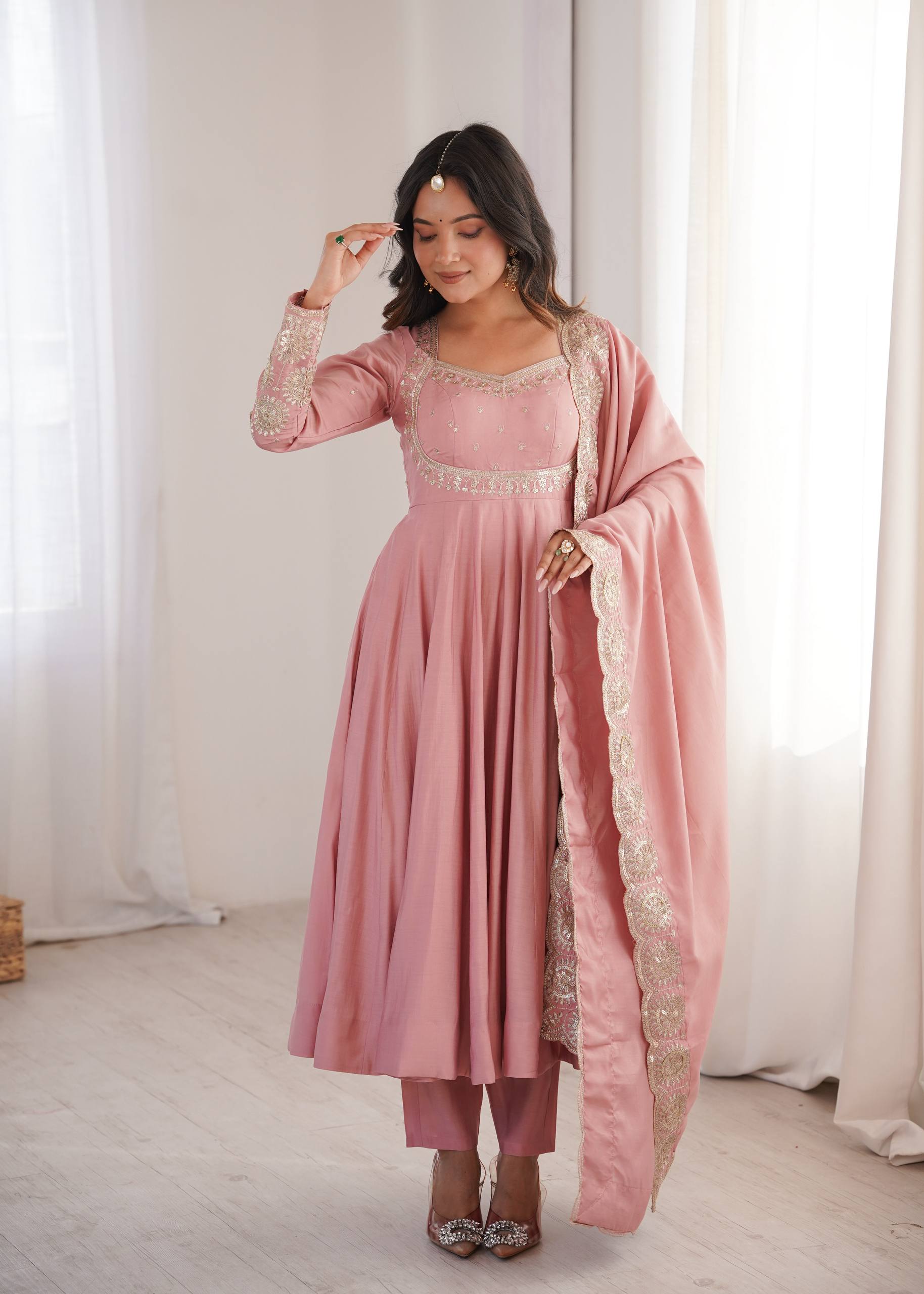 Ridhanya Roman Silk Elegant Embroidered Gown with Chanderi Dupatta