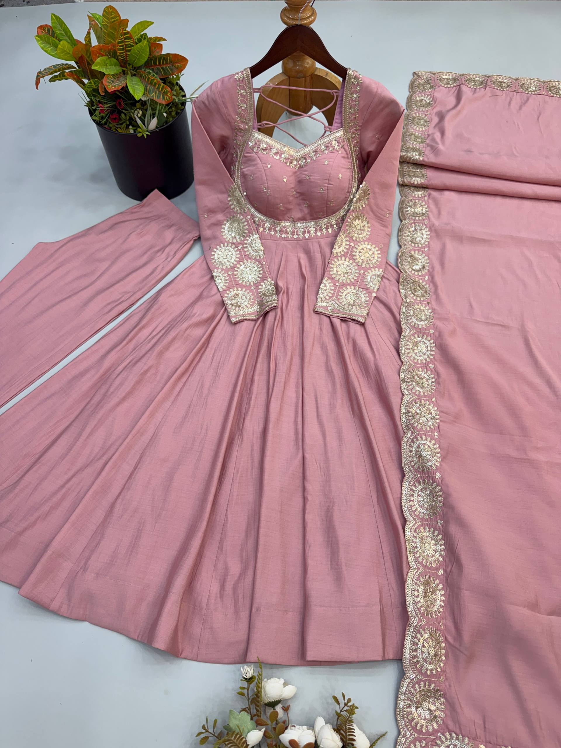 Ridhanya Roman Silk Elegant Embroidered Gown with Chanderi Dupatta