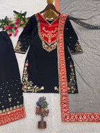 Anvitha Pure Maska Cotton Embroidered Sequins Kurti Palazzo with Soft Net Dupatta Set