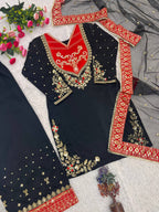 Anvitha Pure Maska Cotton Embroidered Sequins Kurti Palazzo with Soft Net Dupatta Set
