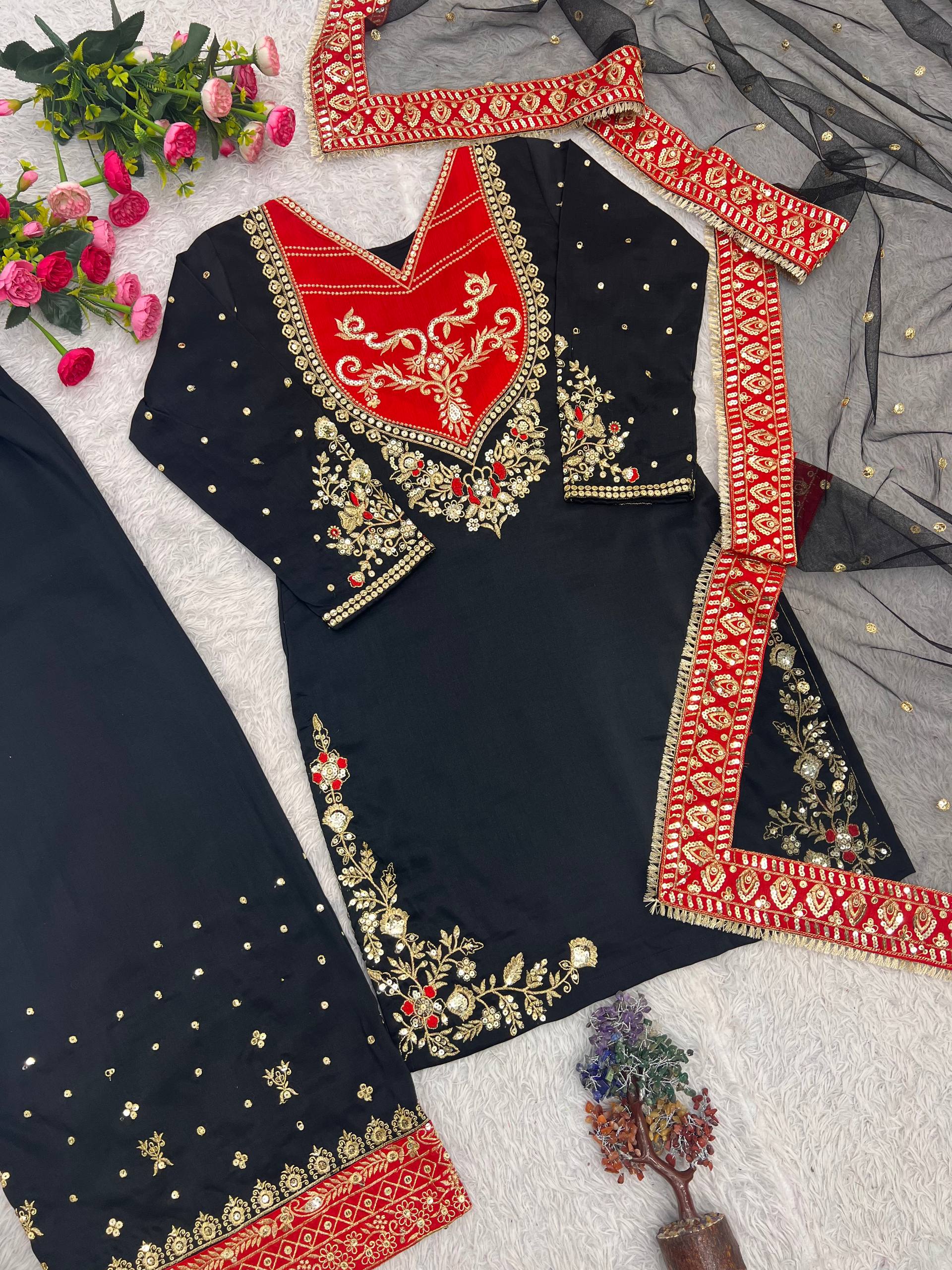 Anvitha Pure Maska Cotton Embroidered Sequins Kurti Palazzo with Soft Net Dupatta Set