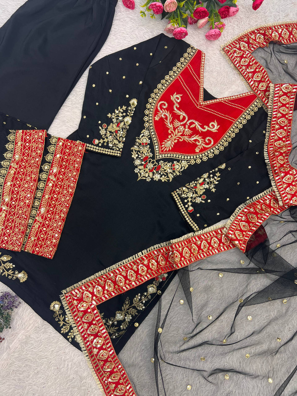Anvitha Pure Maska Cotton Embroidered Sequins Kurti Palazzo with Soft Net Dupatta Set