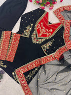 Anvitha Pure Maska Cotton Embroidered Sequins Kurti Palazzo with Soft Net Dupatta Set