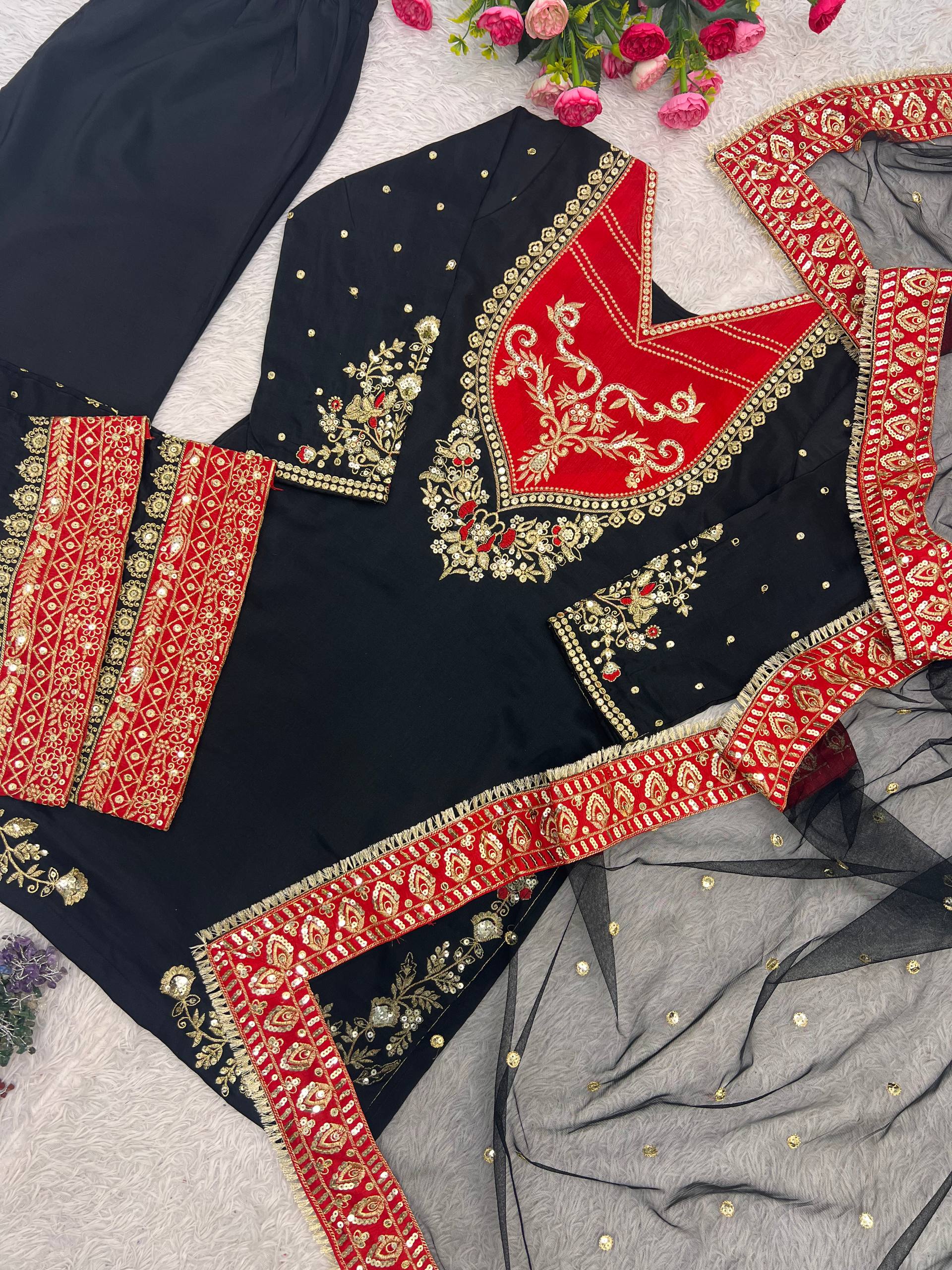 Anvitha Pure Maska Cotton Embroidered Sequins Kurti Palazzo with Soft Net Dupatta Set