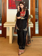 Anvitha Pure Maska Cotton Embroidered Sequins Kurti Palazzo with Soft Net Dupatta Set