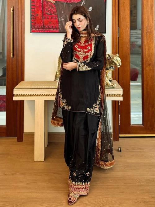 Anvitha Pure Maska Cotton Embroidered Sequins Kurti Palazzo with Soft Net Dupatta Set