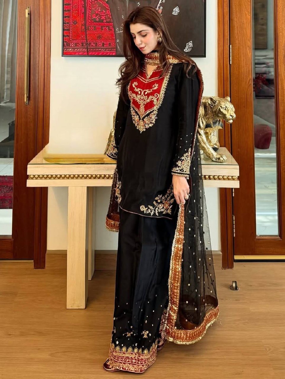 Anvitha Pure Maska Cotton Embroidered Sequins Kurti Palazzo with Soft Net Dupatta Set