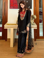 Anvitha Pure Maska Cotton Embroidered Sequins Kurti Palazzo with Soft Net Dupatta Set