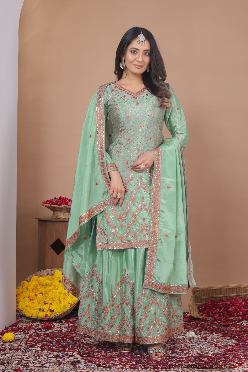 Aarohi Fendy Silk Sequins Embroidered Sharara Suit with Dupatta